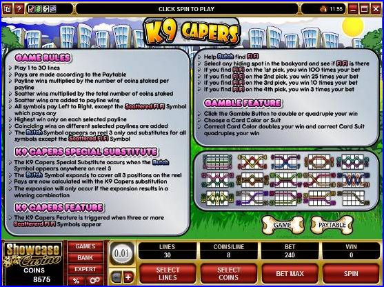 K9 Capers Video Slot Paytable